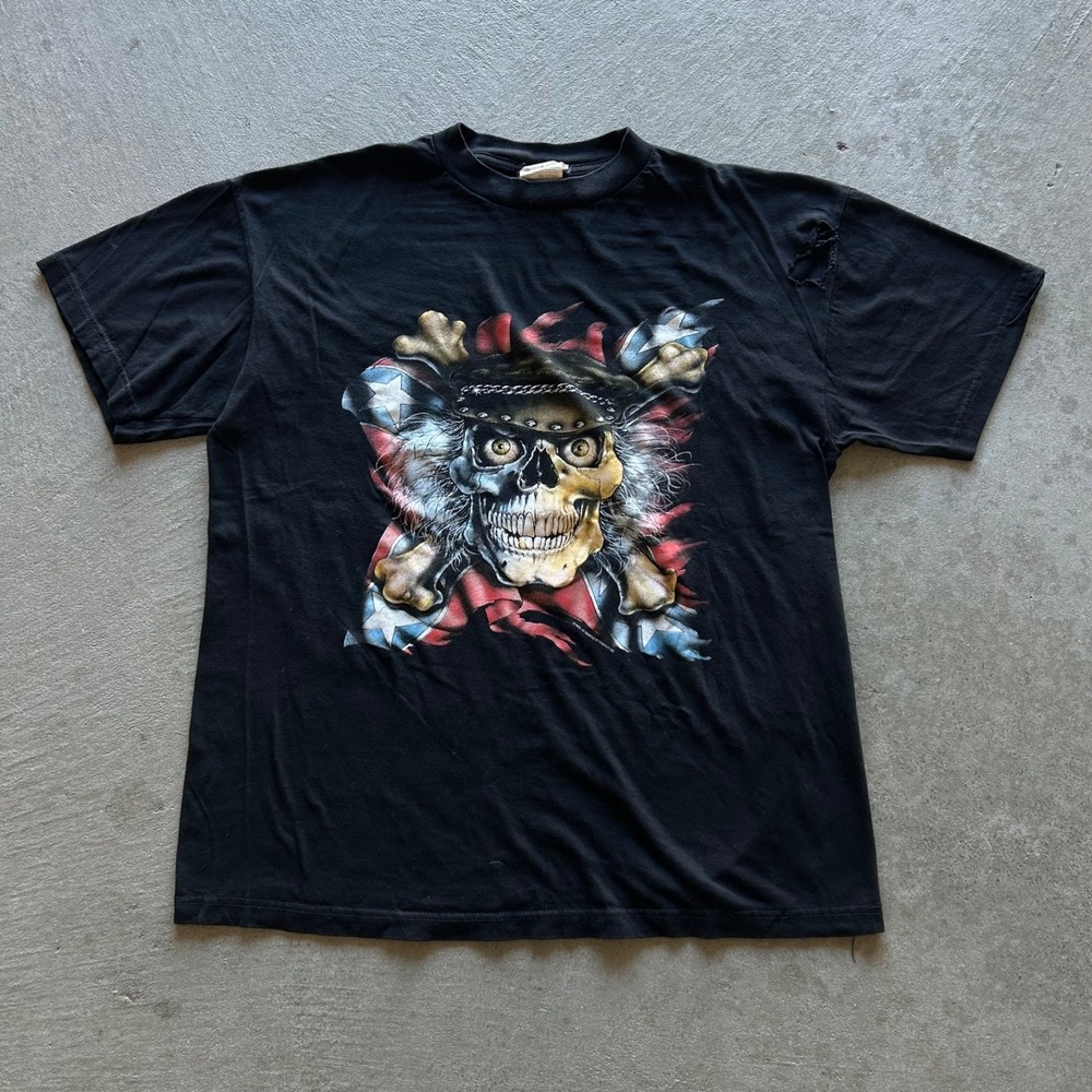 Vintage 90s‎ 3D Skeleton Shirt Size XL Black Biker Motorcycle Skull and Bones